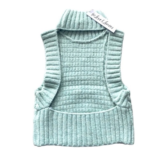 For Love and Lemons Dominique Cropped Open Back Sweater Top in Mint Green L NWT - Picture 3 of 5